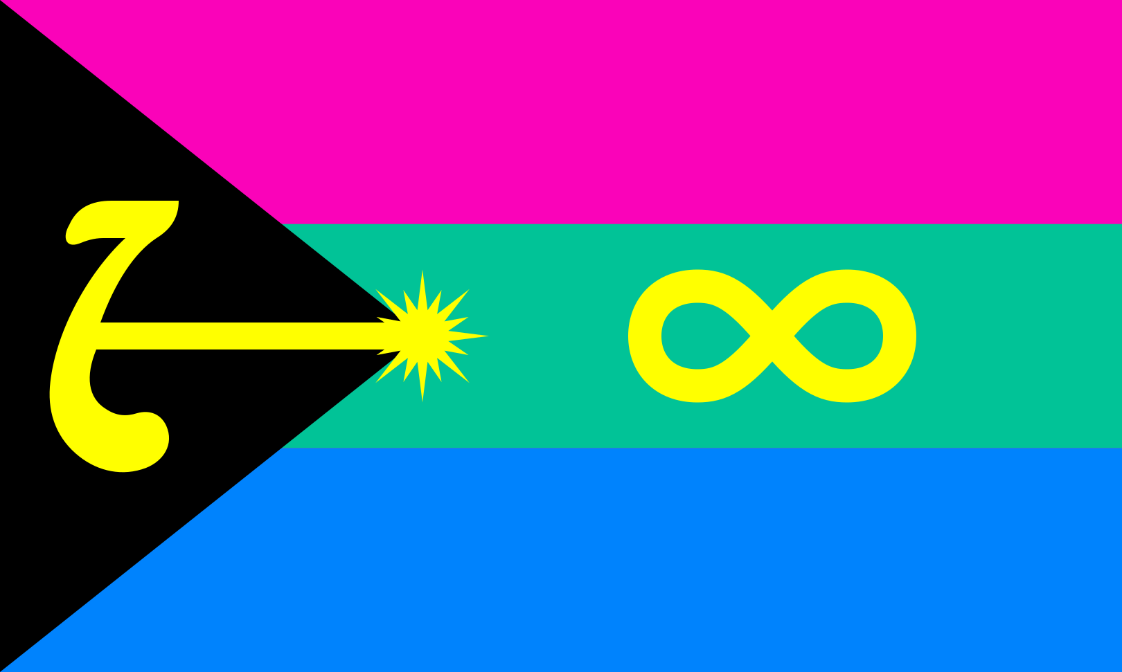 Anchored Demipolyaffection flag: pink, green and blue horizontal stripes, a black triangle on the left, and yellow zeta-shaped anchor, sun and infinity symbols.